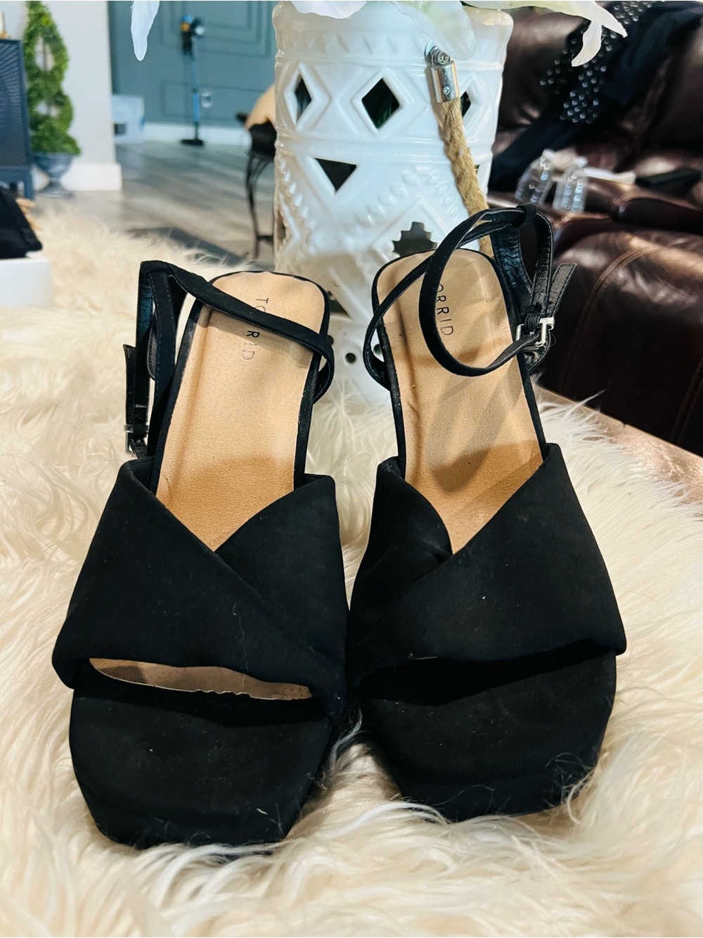 Torrid Black Suede Cross-Front Platform Heels